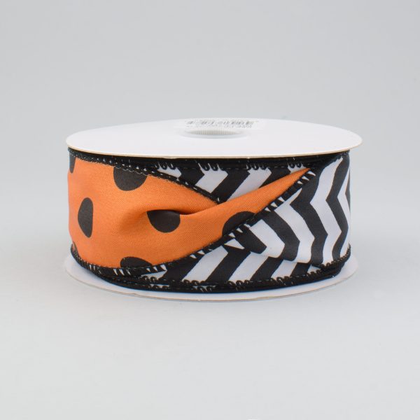 1.5  Double Sided Halloween Chevron Polka Dot Ribbon: Orange, Black, White (10 Yards) Hot on Sale