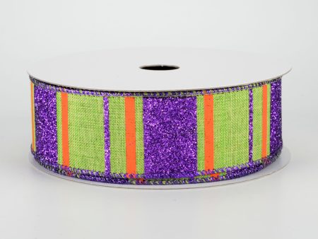 1.5  Glittered Stripes Ribbon: Lime, Dark Purple, Orange (10 Yards) Hot on Sale