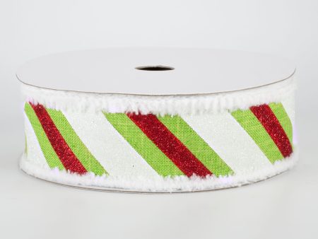 1.5  Chenille Edge Diagonal Glitter Stripe Ribbon: Lime, Red, White (10 Yards) For Sale