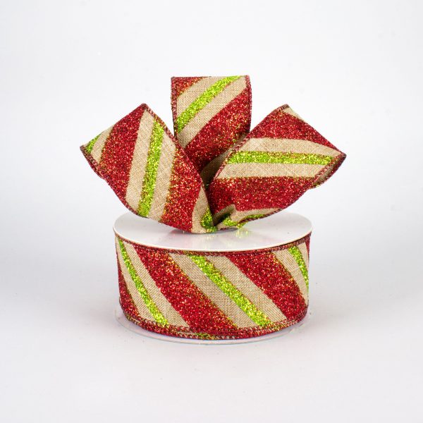 1.5  Diagonal Glitter Stripe Faux Canvas Ribbon: Lime & Red (10 Yards) For Discount