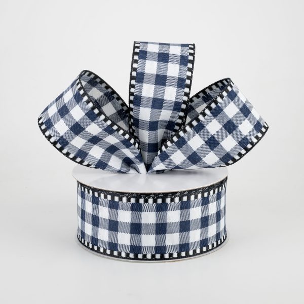 1.5  Gingham Check Dashed Edge Ribbon: Navy Blue & White (10 Yards) Online Sale