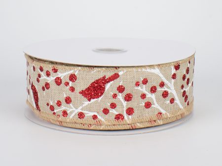 1.5  Glittered Cardinals on Branches Ribbon (10 Yards) Hot on Sale