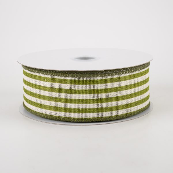 1.5  Canvas Cabana Stripes Ribbon: Ivory & Kiwi Green (10 Yards) Online