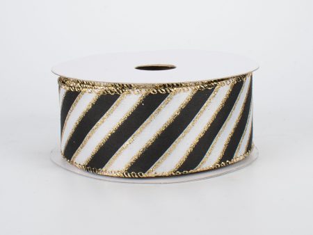 1.5  Black & Gold Glitter Diagonal Stripe Ribbon (10 Yards) Sale