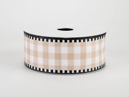 1.5  Gingham Check Dashed Edge Ribbon: Tan & White (10 Yards) on Sale