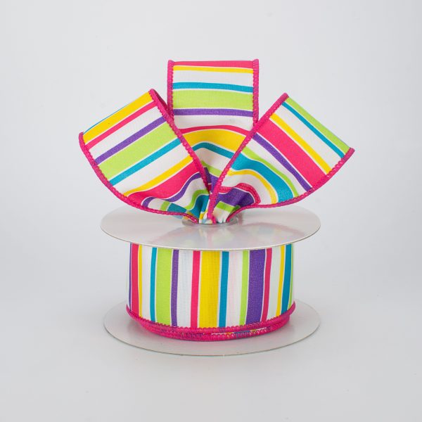 1.5  Bright Multi-Colored Horizontal Stripe Ribbon: White (10 Yards) Sale