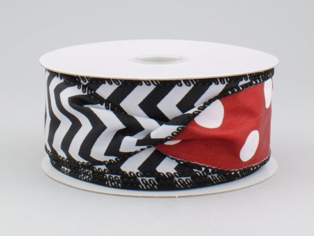 1.5  Polka Dot & Chevron 2-Sided Ribbon: Red, Black & White (10 Yards) Supply