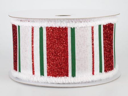 2.5  Chenille Edge Glittered Stripes Ribbon: White, Red, Emerald (10 Yards) For Cheap