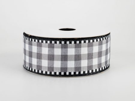 1.5  Gingham Check Dashed Edge Ribbon: Grey & White (10 Yards) Sale