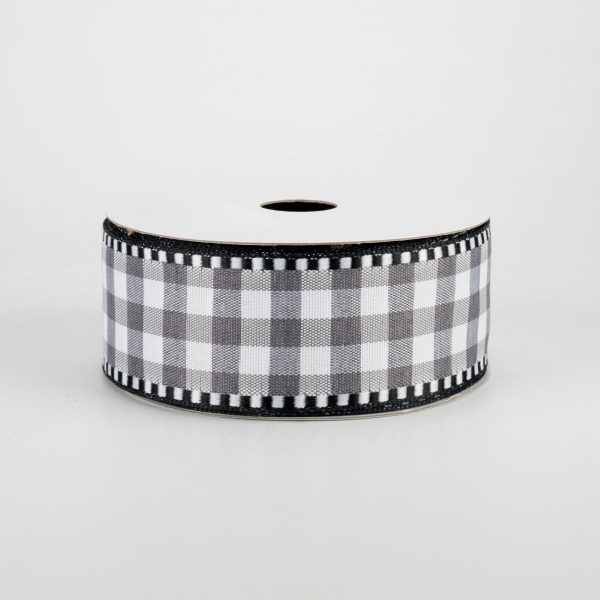 1.5  Gingham Check Dashed Edge Ribbon: Grey & White (10 Yards) Sale