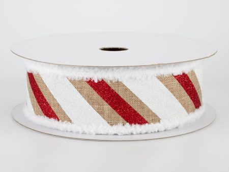 1.5  Chenille Edge Diagonal Glitter Stripe Ribbon: Beige, Red, White (10 Yards) Online