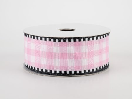 1.5  Gingham Check Dashed Edge Ribbon: Pink & White (10 Yards) For Sale