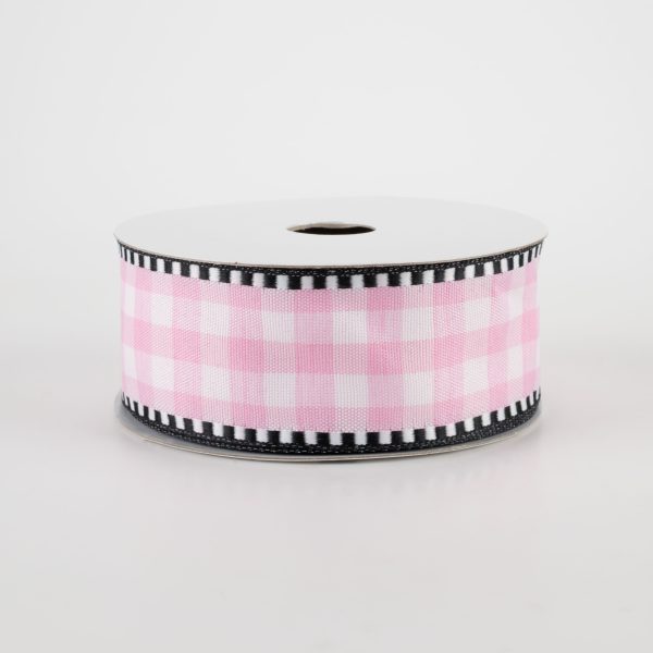 1.5  Gingham Check Dashed Edge Ribbon: Pink & White (10 Yards) For Sale