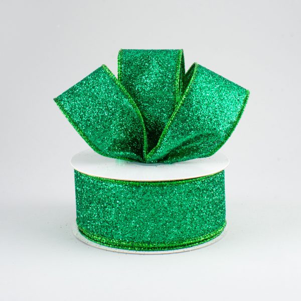 1.5  Glitter On Metallic Ribbon: Emerald (10 Yards) For Sale