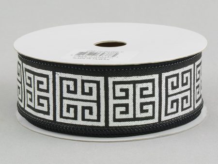 1.5  Greek Key Canvas Ribbon: Black & Metallic Silver (10 Yards) Cheap