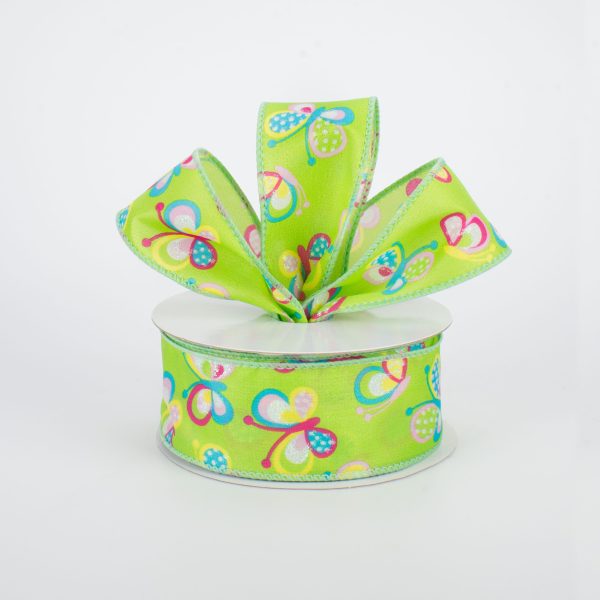 1.5  Glitter Butterfly Ribbon: Lime Green (10 Yards) Cheap