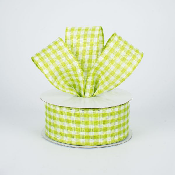 1.5  Gingham Check Wired Ribbon: Lime Green & White (10 Yards) Supply