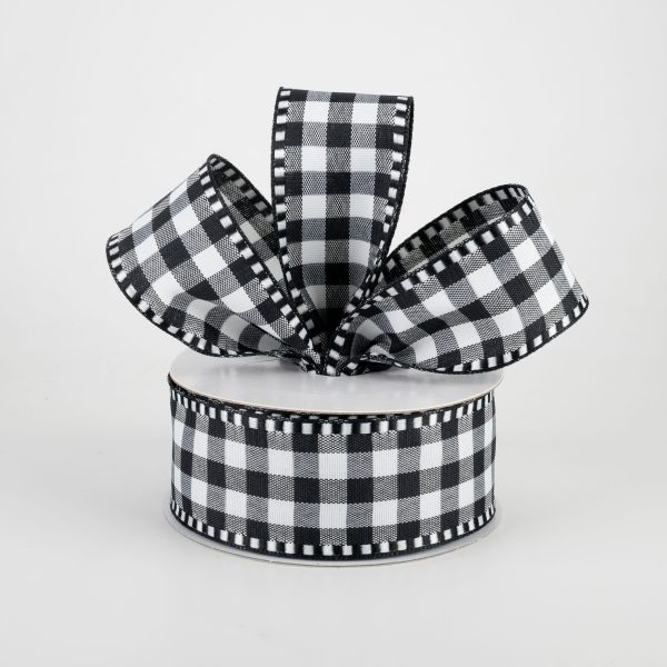 1.5  Gingham Check Dashed Edge Ribbon: Black & White (10 Yards) on Sale