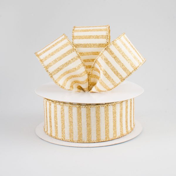 1.5  Glitter Stripe Canvas Ribbon: Cream & Gold (10 Yards) For Cheap