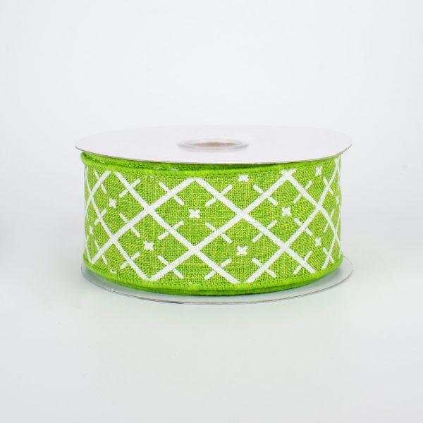 1.5  Glittered Argyle Ribbon: Fresh Green & White (10 Yards) For Cheap