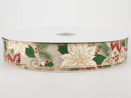 1.5  Golden Edge Poinsettia and Holly Ribbon (50 Yards) on Sale