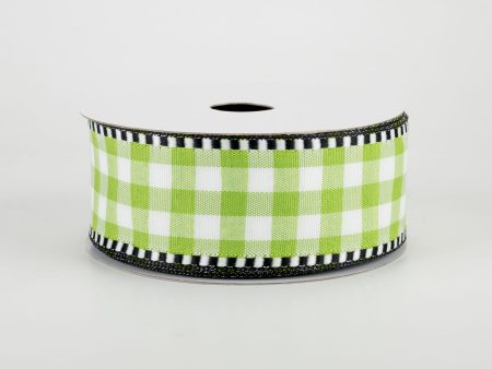 1.5  Gingham Check Dashed Edge Ribbon: Green & White (10 Yards) Fashion