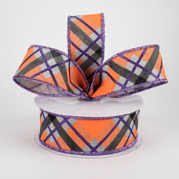 1.5  Glitter Plaid Ribbon: Light Grey, Purple, Orange (10 Yards) Discount