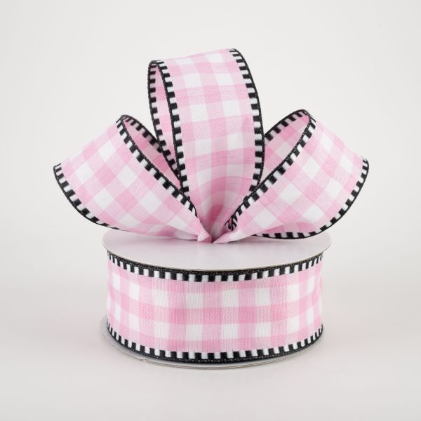 1.5  Gingham Check Dashed Edge Ribbon: Pink & White (10 Yards) For Sale