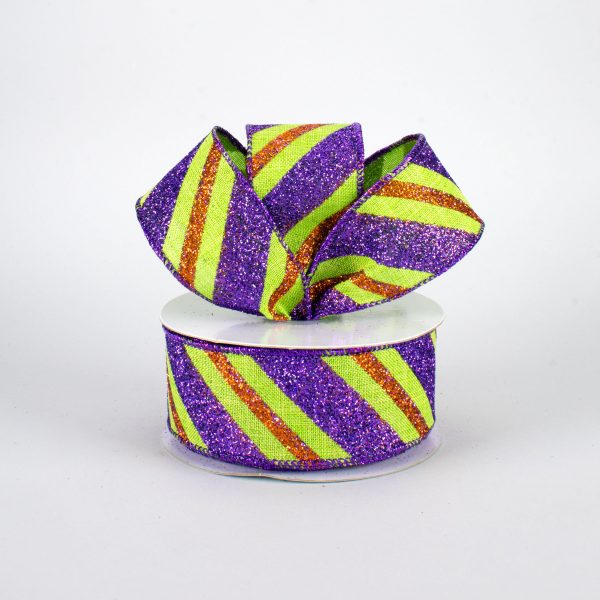 1.5  Diagonal Glitter Stripe Ribbon: Lime, Purple, Orange (10 Yards) Hot on Sale