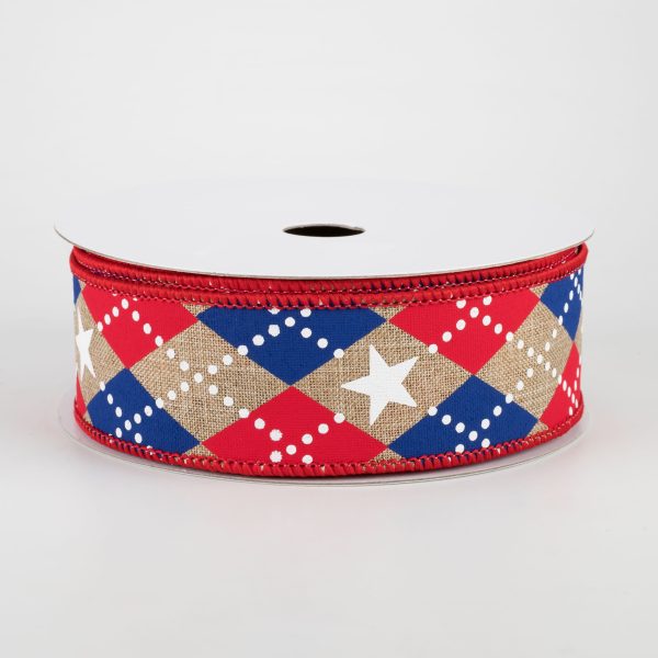 1.5  Argyle Stars Ribbon: Beige, Red, White, Blue (10 Yards) Cheap