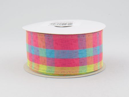 1.5  Faux Linen Plaid Ribbon: Hot Pink, Lime & Blue (10 Yards) For Discount