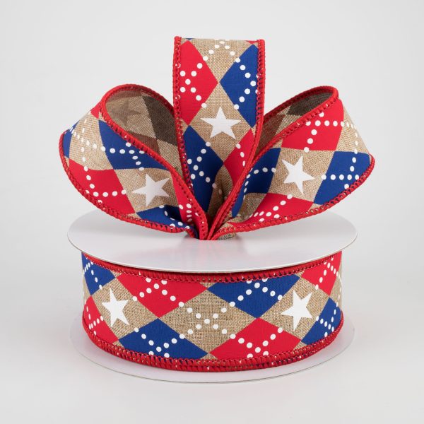 1.5  Argyle Stars Ribbon: Beige, Red, White, Blue (10 Yards) Cheap