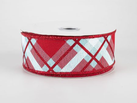 1.5  Glitter Plaid Ribbon: Ice Blue, Red, White (10 Yards) For Sale