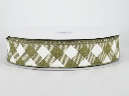 1.5  Diagonal Check Ribbon: Moss Green & Ivory (50 Yards) Hot on Sale