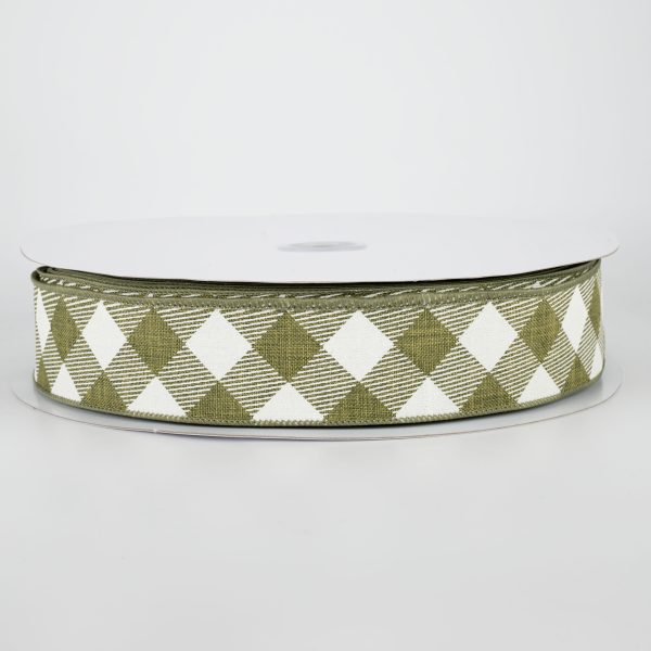 1.5  Diagonal Check Ribbon: Moss Green & Ivory (50 Yards) Hot on Sale