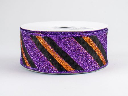 1.5  Diagonal Glitter Stripe Ribbon: Black, Purple, Orange (10 Yards) Online Sale