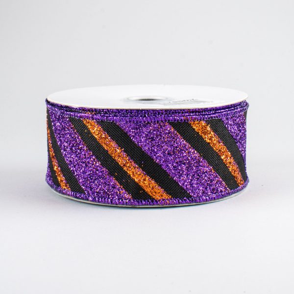 1.5  Diagonal Glitter Stripe Ribbon: Black, Purple, Orange (10 Yards) Online Sale