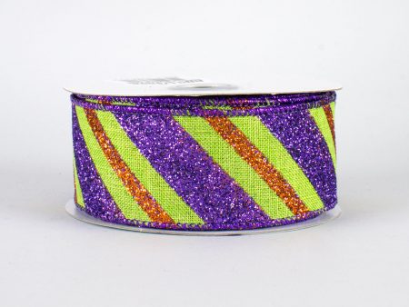 1.5  Diagonal Glitter Stripe Ribbon: Lime, Purple, Orange (10 Yards) Hot on Sale