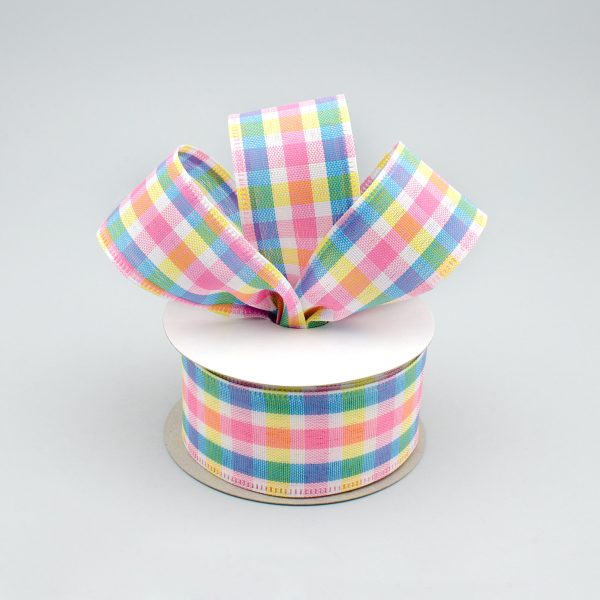 1.5  Faux Linen Check Ribbon: Yellow, Blue & Pink (10 Yards) For Cheap