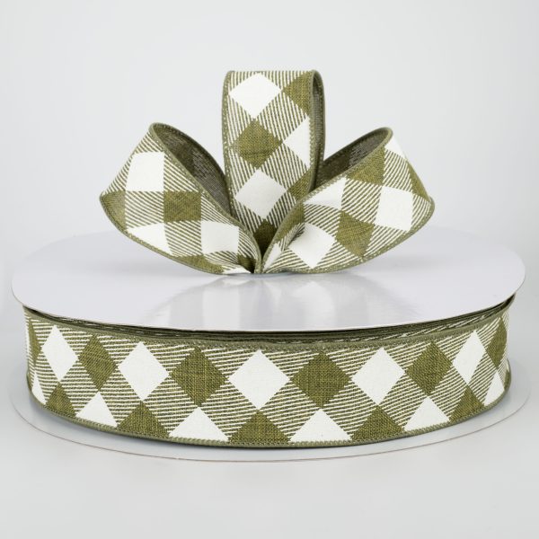 1.5  Diagonal Check Ribbon: Moss Green & Ivory (50 Yards) Hot on Sale