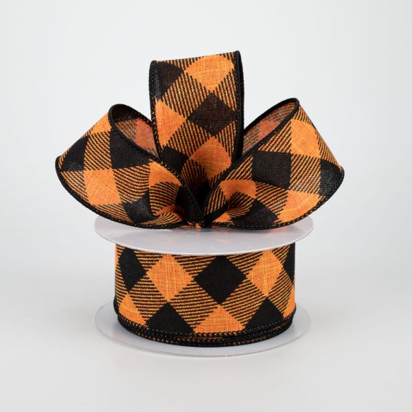 1.5  Diagonal Check Ribbon: Orange & Black (10 Yards) For Sale