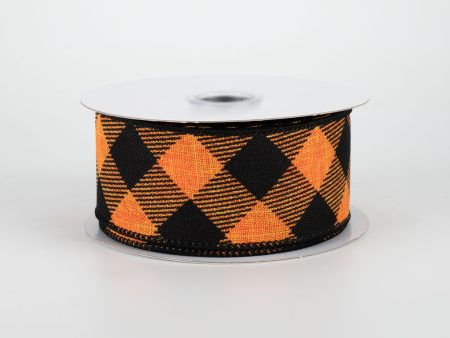 1.5  Diagonal Check Ribbon: Orange & Black (10 Yards) For Sale