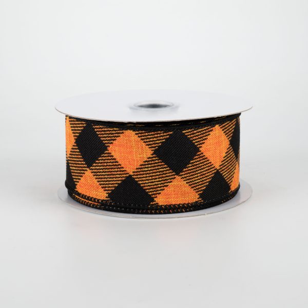 1.5  Diagonal Check Ribbon: Orange & Black (10 Yards) For Sale