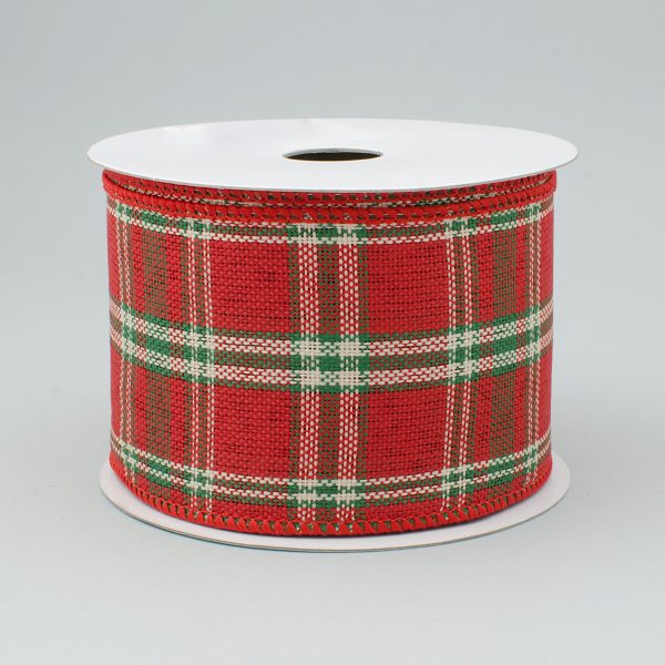 2.5  Woven Holiday Plaid Ribbon: Red, Emerald Green & Natural (10 Yards) Cheap