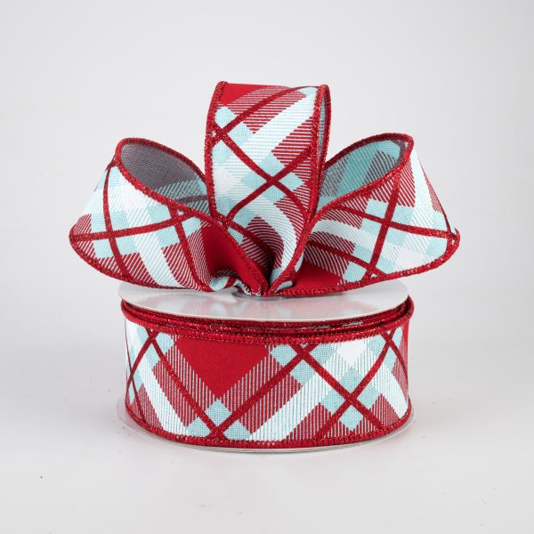 1.5  Glitter Plaid Ribbon: Ice Blue, Red, White (10 Yards) For Sale