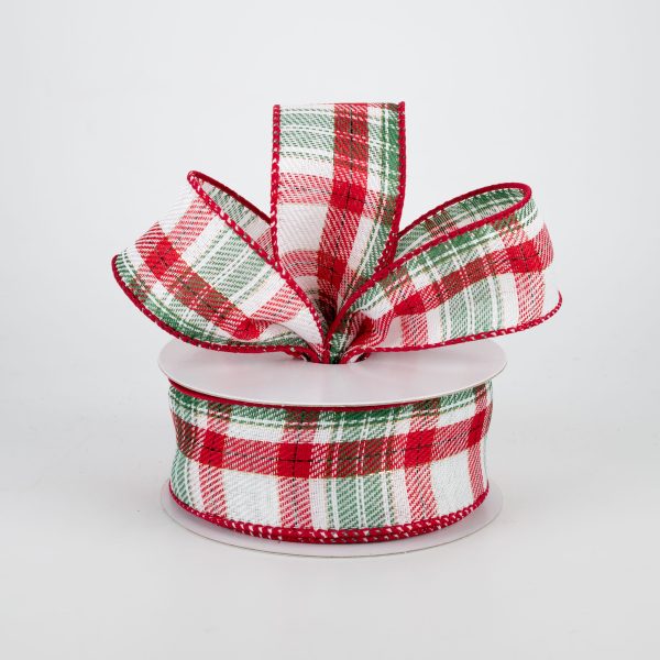 1.5  Audrey Christmas Plaid Ribbon: White, Red, Green (10 Yards) For Sale