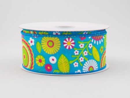 1.5  Woven Spring Flower Doodles Ribbon: Turquoise Blue (10 Yards) Hot on Sale