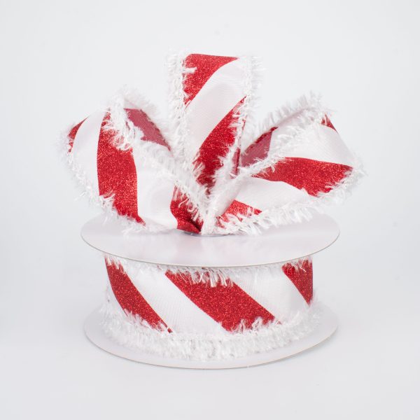 1.5  Fuzzy Edge Glittered Candy Cane Ribbon (10 Yards) Discount