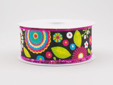 1.5  Woven Spring Flower Doodles Ribbon: Black (10 Yards) For Cheap