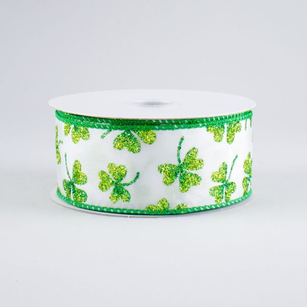 1.5  Glitter Clovers Ribbon: White (10 Yards) Online Sale